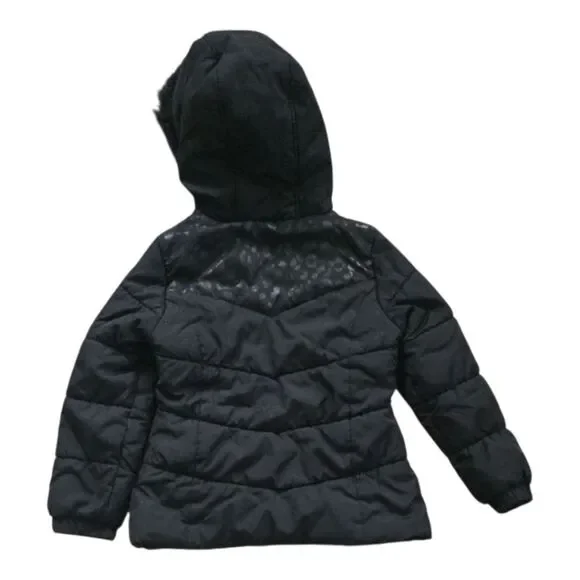 London Fog Black and Pink Girls' Puffer Jacket with Faux Fur Hood - Picture 3 of 3